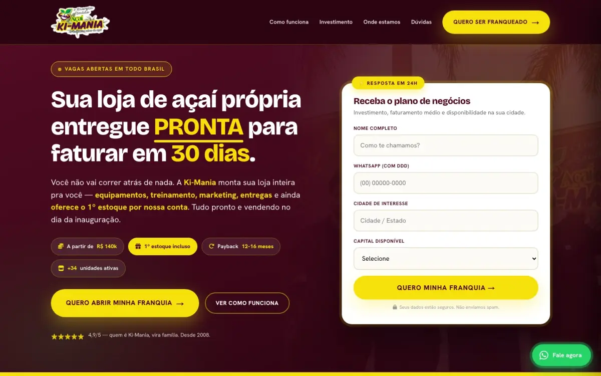 Site criado pela Studio Need para Franquia Ki-Mania, franquia de açaí